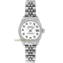 Rolex Ladys Watch Ss Datejust 6916 White Diamond Dial 18k Gold Fluted Bezel Mint