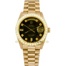 Rolex Mens 18K Yellow Gold President Day Date Model 18038 Custom Added Black Diamond Dial & 2Ct Diamond Bezel