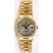 Rolex Mens 18K Yellow Gold President Day Date Model 18238 Custom Added Silver Diamond Dial & Diamond Bezel
