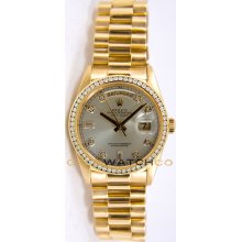 Rolex Mens 18K Yellow Gold President Day Date Model 18238 Custom Added Silver Diamond Dial & Diamond Bezel