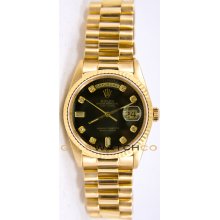 Rolex Mens 18K Yellow Gold President Day Date Model 18238 Custom Added Black Diamond Dial