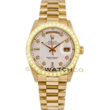 Rolex Mens 18K Yellow Gold President Day Date Model 18038 Custom Added White Diamond Dial & 2Ct Diamond Bezel