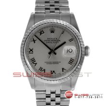 Rolex Mens Datejust SS Rhodium/Silver Roman Engine Turn Jubilee