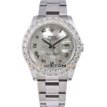 Rolex Mens New Style Heavy Band Stainless Steel Datejust Model 116200 Oyster Band Custom Added Mother Of Pearl Roman Dial & 3.5Ct Diamond Bezel