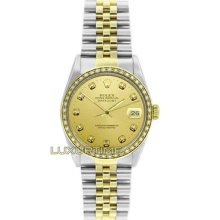 Rolex Mens Ss & Gold Datejust 16013 Champagne Diamond Dial & 1ct Diamond Bezel