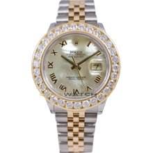 Rolex Mens Stainless Steel & 18K Gold Datejust Model 16233 Jubilee Band Custom Added Mother Of Pearl Roman Diamond Dial & 3.5Ct Diamond Bezel