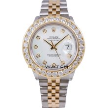 Rolex Mens Stainless Steel & 18K Gold Datejust Model 16233 Jubilee Band Custom Added White Diamond Dial & 3.5Ct Diamond Bezel