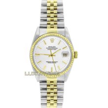 Rolex Mens Watch Ss & Gold Datejust 16013 White Stick Dial 18k Gold Bezel Mint