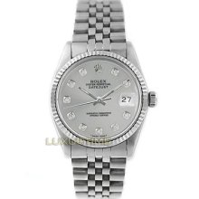 Rolex Mens Watch Ss Datejust 16014 Silver Diamond Dial 18k Gold Fluted Bezel