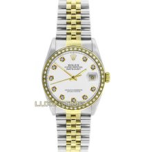 Rolex Mens Watch Ss & Gold Datejust 16013 White Diamond Dial 1ct Diamond Bezel
