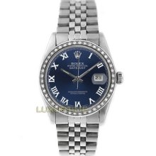 Rolex Mens Watch Ss Datejust 16014 Blue Roman Dial & 1ct Diamond Bezel Mint
