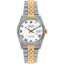 Rolex Women's Datejust Midsize Two Tone Custom Diamond Bezel White Roman Dial