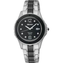 Seiko Ladies Coutura Two Tone Stainless Steel Case Ceramic Bezel and Bracelet Black Dial SXDF01