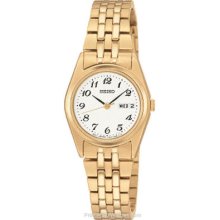 Seiko Ladies Day/Date Watch - White Dial w/ Black Numerals - Gold-Tone SXA126