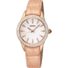 Seiko Ladies Rose Gold Tone Stainless Steel Case Leather Strap White Dial Crystals SRZ388