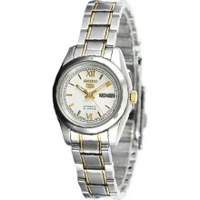 Seiko Ladies Seiko 5 Two Tone Stainless Steel Case and Bracelet White DIal Day and Date SYMK29