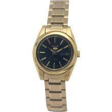 Seiko Ladies Seiko 5 Gold Tone Stainless Steel Case and Bracelet Black DIal Day and Date SYMK22