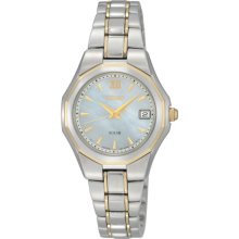 Seiko Ladies Two Tone Stainless Steel Solar Mother of Pearl Dial SUT058