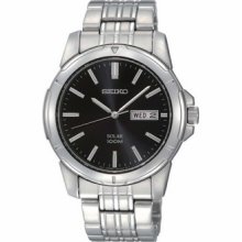 Seiko Mens Black Dial with Stainless Steel Silver Band Watch