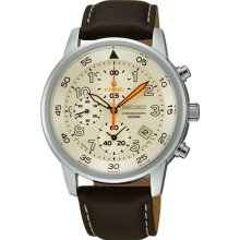 Seiko Men's Chronograph Stainless Steel Case Leather Bracelet Cream Tone Dial Date Display SNDE11