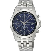 Seiko Men's Chronograph Stainless Steel Case and Bracelet Navy Blue Tone Dial Date Display Tachymeter Bezel SNDE07