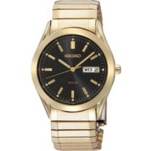 Seiko Men's Gold Tone Stainless Steel Solar Quartz Textured Expansion Black Dial SNE060