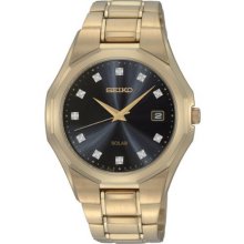 Seiko Men's Gold Tone Stainless Steel Solar Black Dial Crystal Hour Markers SNE182