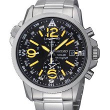 Seiko Men's Solar Chronograph Stainless Steel Case and Bracelet Black Dial SSC093