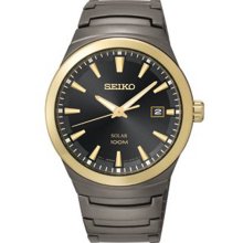 Seiko Men's Solar Gold Tone Stainless Steel Case Gray Black Tone Dial Date Display SNE252