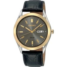 Seiko Mens Solar Grey Dial Black Leather Strap Watch Sne050