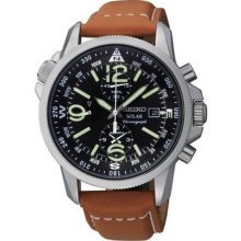 Seiko Men's Solar Stainless Steel Case Brown Leather Strap Chronograph Black Dial SSC081