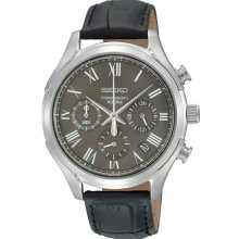 Seiko Men's Stainless Steel Case Chronograph Gray Dial Black Leather Strap Date Display SSB023
