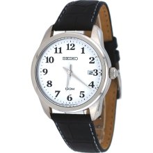 Seiko SGEG17 Men's Easy Reader White Dial Black Leather Strap Steel Wa