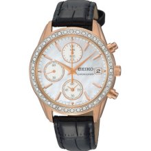 Seiko Sndy14 Chronograph Watch Rose Gold Tone Stainless Steel Swarovski Leather