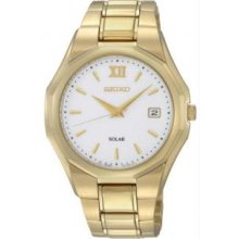 Seiko SNE158 Mens Gold Tone Stainless Steel Quartz Solar White Dial Date Display