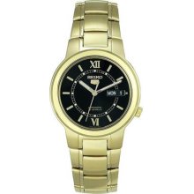 Seiko Snka26 Men's Watch Gold Tone Stainless Steel Seiko 5 Automatic Black Dial