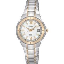 Seiko Solar $250 Women's Two-tone Ss Watch, Silver-tone Dial, Date Sut022