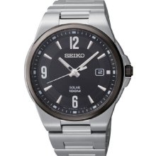 Seiko Solar Black Dial Stainless Steel Mens Watch SNE211