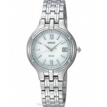 Seiko Solar Ladies Stainless Steel Dress Watch - Silver/White Dial -