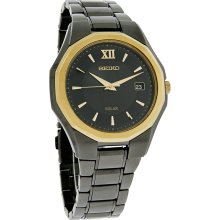 Seiko Solar Mens Gold Tone & Black TiCN Tuxedo Dress Watch SNE168