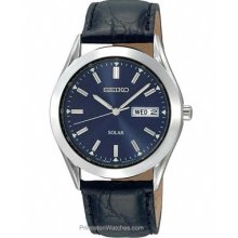 Seiko Solar Mens Watch Blue Dial Stainless Black Leather SNE049
