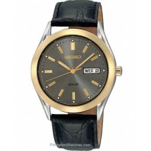 Seiko Solar Mens Watch Gray Dial Two-Tone Black Leather SNE050