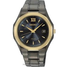 Seiko Solar Mens Watch Black Dial Black IP w/ Gold-Tone SNE168