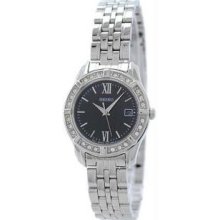 Seiko SXDE45 Womens Stainless Steel Quartz Black Dial Roman Numerals Swarovski Crystals on Bezel