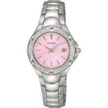 Seiko Womens Swarovski Crystal Sport Dress Stainless Watch - Silver Bracelet - Pink Dial - SXDC53