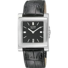 Silver Squre Black Dial Leather Band Quartz Citizen Qd0181-01e Wrist Watch Dress