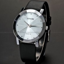 Sinobi Crystal White Dial Elegant Mens Quartz Pu Leather Wrist Watch Gift Usts