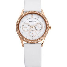 Skagen 347lrlw Rose Gold Glitz Bezel With White Strap Ladies Watch