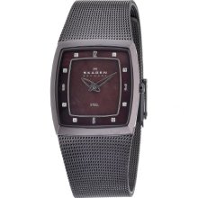 Skagen 380Smm Ladies Square Brown Mop Dial Mesh Bracelet Watch