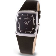 Skagen Denmark Womens Crystal Accented Black Dial Leather Strap Watch Sk380sslbb